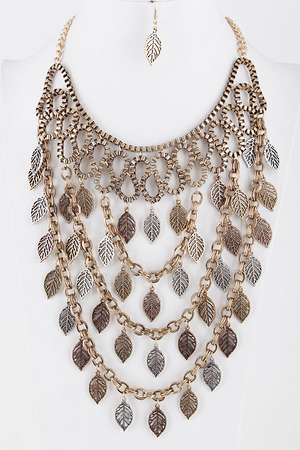 Falling Leaves Layered Statement Necklace Set with Chain Spiral Detail 5JAD5